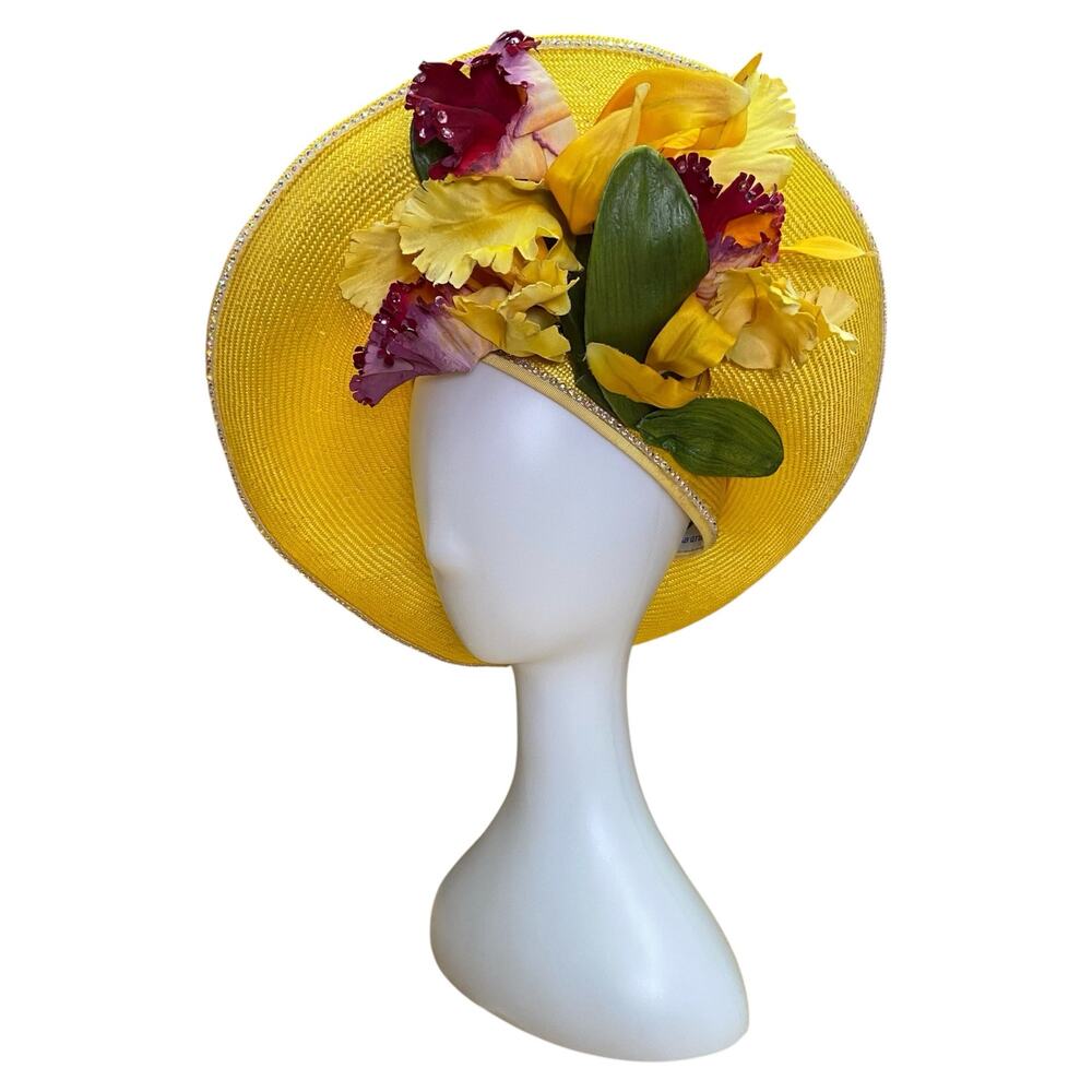 1960s Jack McConnell Yellow Sculptural Tilt Hat Floral Rhinestone